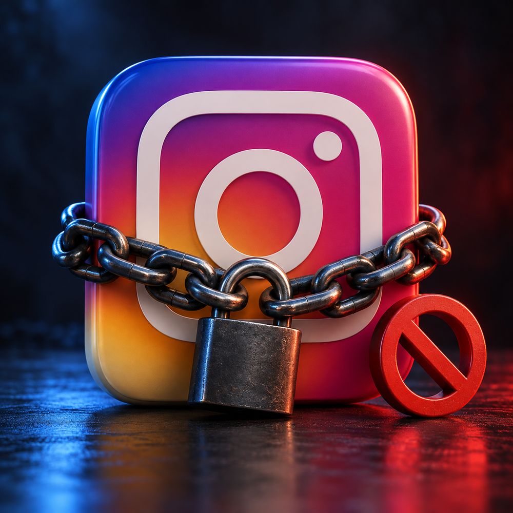 Ícone do Instagram preso por correntes e cadeado, com um símbolo de bloqueio ao lado