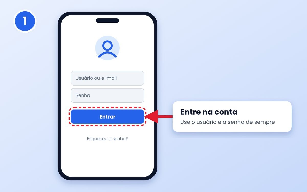 Ilustração de uma tela de login de celular, com o botão Entrar destacado por uma seta vermelha