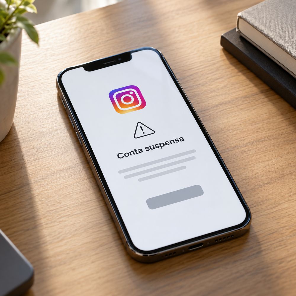 Celular sobre a mesa com a tela do Instagram mostrando o aviso de conta suspensa