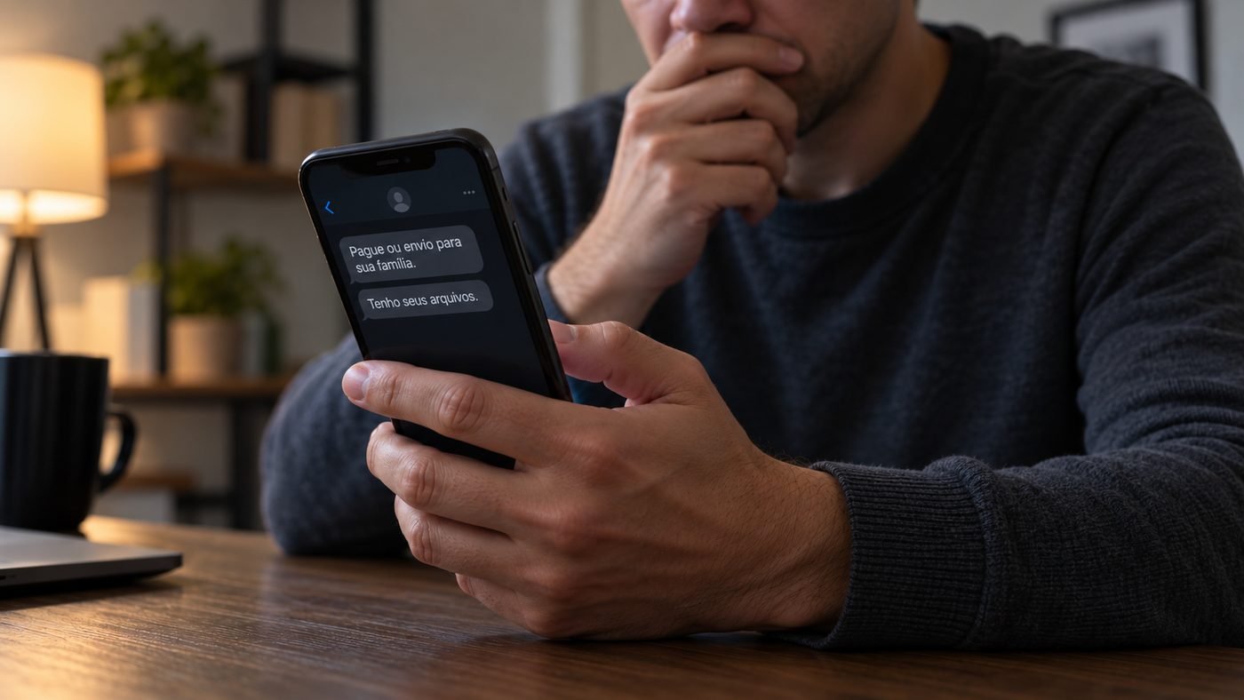 Homem pensativo olhando o celular com uma mensagem de ameaça pedindo pagamento para não divulgar arquivos